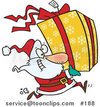 Cartoon Santa Claus Running to Deliver a Large Christmas Present Gift Wrapped in a Red Bow, Ribbon and Yellow Paper with a White Snowflake Pattern by Toonaday