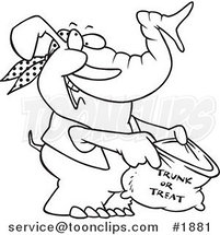 Cartoon Black and White Line Drawing of a Halloween Elephant Holding a Trunk or Treat Bag by Toonaday