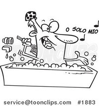 Cartoon Black and White Line Drawing of a Guy Singing and Bathing in a Tub by Toonaday