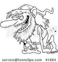 Cartoon Black and White Line Drawing of a Happy Troll Walking by Toonaday