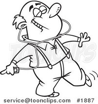 Cartoon Black and White Line Drawing of a Happy Guy Dancing and Listening to Music on an Mp3 Player by Toonaday