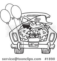 Cartoon Black and White Line Drawing of a Trick or Treating Boy in the Trunk of a Car by Toonaday