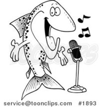 Cartoon Black and White Line Drawing of a Musical Trout Singing by Toonaday