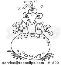 Cartoon Black and White Line Drawing of a Tired Bird Sitting on a Huge Egg by Toonaday