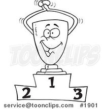 Cartoon Black and White Line Drawing of a Trophy on the First Place Podium by Toonaday