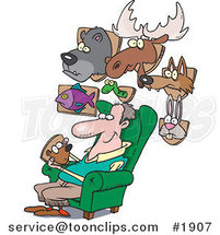 Cartoon Guy Surrounded by His Mounted Animal Trophy Heads by Toonaday