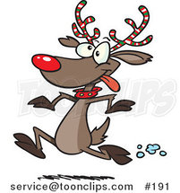 Cartoon Rudolph the Red Nosed Reindeer with Festive Red, White and Green Striped Antlers, Running in the Snow by Toonaday