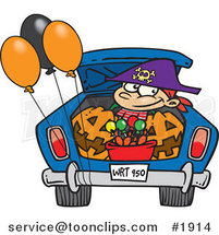 Cartoon Trick or Treating Boy in the Trunk of a Car by Toonaday