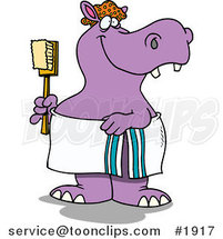 Cartoon Bath Time Hippo in a Towel, Holding a Scrub Brush by Toonaday