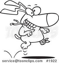 Cartoon Black and White Line Drawing of a Three Legged Dog Playing Fetch by Toonaday
