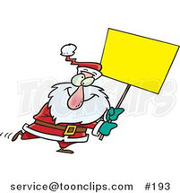 Cartoon Cross Eyed Santa Walking Around with a Blank Yellow Sign for Advertising by Toonaday