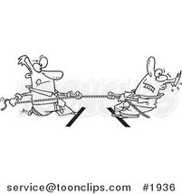 Cartoon Black and White Line Drawing of Two Men Engaged in Tug of War by Toonaday