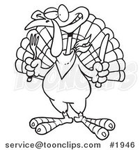 Cartoon Black and White Line Drawing of a Turkey Bird Holding a Knife and Fork by Toonaday