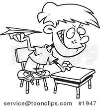 Cartoon Black and White Line Drawing of a Mischievous School Boy Throwing Paper Planes in Class by Toonaday