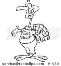 Cartoon Black and White Line Drawing of a Turkey Bird Wearing an Eat Beef Shirt by Toonaday