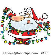 Cartoon Santa Claus Tangled in a Mess of Colorful Christmas Lights While Trying to Decorate His Home by Toonaday