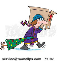 Cartoon Lady Carrying a Moving Box and Dragging Her Christmas Tree by Toonaday