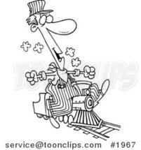 Cartoon Black and White Line Drawing of a Train Engineer Riding a Small Locomotive by Toonaday