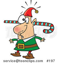 Cartoon Confused Elf Walking Around with a Colorful Striped Candy Cane Going Through One Ear and out the Other by Toonaday