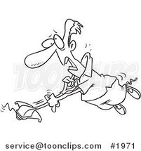 Cartoon Black and White Line Drawing of a Guy Losing Control of a Weed Wacker by Toonaday