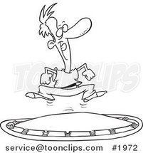 Cartoon Black and White Line Drawing of a Guy Jumping on a Trampoline by Toonaday