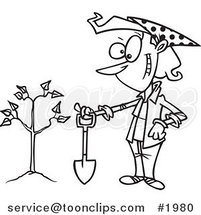 Cartoon Black and White Line Drawing of a Proud Lady with a Shovel by a Newly Planted Tree by Toonaday