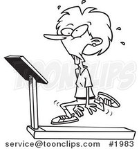 Cartoon Black and White Line Drawing of a Lady Jogging on a Treadmill by Toonaday