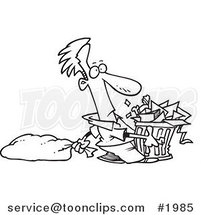 Cartoon Black and White Line Drawing of a Guy Taking out a Lot of Trash by Toonaday