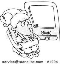 Cartoon Black and White Line Drawing of a Nervous Girl Sitting in Her Car Seat by Toonaday