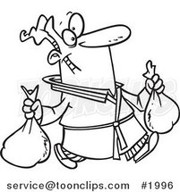 Cartoon Black and White Line Drawing of a Guy Happily Taking out Two Trash Bags by Toonaday