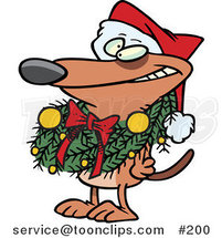 Cartoon Brown Puppy Dog Wearing a Santa Hat and Grinning, Decked out in a Christmas Wreath Which Is Hanging Around His Neck by Toonaday