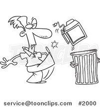 Cartoon Black and White Line Drawing of a Business Man Throwing Away a Broken Computer by Toonaday
