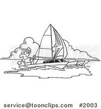 Cartoon Black and White Line Drawing of a Guy Sailing a Trimaran by Toonaday