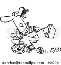 Cartoon Black and White Line Drawing of a Black Business Man Riding a Trike to Work by Toonaday