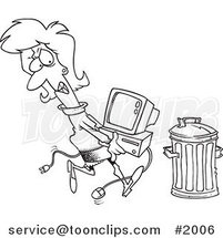 Cartoon Black and White Line Drawing of a Business Woman Throwing Away a Broken Computer by Toonaday