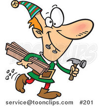 Cartoon Santa's Elves Biting Two Nails in His Mouth and Carrying Plywood and a Hammer to the Toy Shop by Toonaday