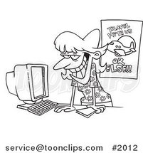 Cartoon Black and White Line Drawing of a Female Travel Agent Grinning and Leaning over Her Desk by Toonaday