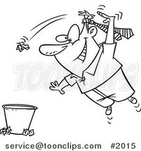 Cartoon Black and White Line Drawing of a Guy Wearing a Tie on His Head and Tossing Trash by Toonaday