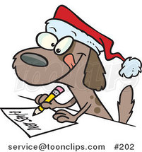 Cartoon Festive Brown Puppy Dog Wearing a Santa Hat and Writing a Dear Santa Letter with His Christmas Wishes by Toonaday