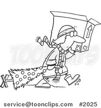 Cartoon Black and White Line Drawing of a Lady Carrying a Moving Box and Dragging Her Christmas Tree by Toonaday