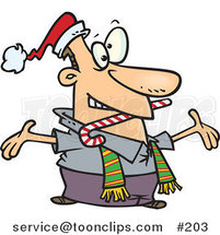 Cartoon Hyper and Welcoming White Guy Wearing a Santa Hat and Scarf, Biting a Candy Cane and Holding His Arms Wide Open While Greeting Friends or Family by Toonaday