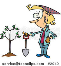 Proud Cartoon Lady with a Shovel by a Newly Planted Tree by Toonaday