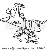 Cartoon Black and White Line Drawing of a Clumsy Business Man Tripping on His Own Tie by Toonaday