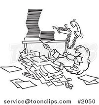 Cartoon Black and White Line Drawing of a Business Woman Buried Under Paperwork by Toonaday