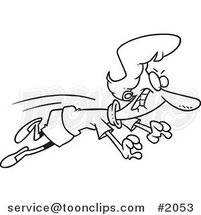 Cartoon Black and White Line Drawing of a Business Woman Leaping for an Opportunity by Toonaday