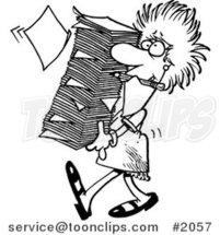 Cartoon Black and White Line Drawing of a Business Woman Carrying a Huge Stack of Paperwork by Toonaday