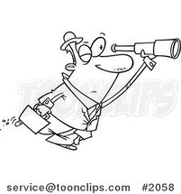 Cartoon Black and White Line Drawing of a Business Man Seeking an Opportunity with a Telescope by Toonaday