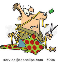 Cartoon Clueless White Guy with a Tag Taped to His Nose and Wrapping Paper Taped to His Shirt, Holding a Pair of Scissors and Shrugging While Trying to Wrap Christmas Gifts by Toonaday