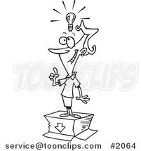 Cartoon Black and White Line Drawing of a Business Woman with an out of the Box Idea by Toonaday