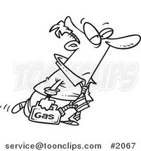 Cartoon Black and White Line Drawing of a Business Man out of Gas by Toonaday